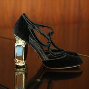 Dolce & Gabbana Black Velvet Heels with Embellished Heel